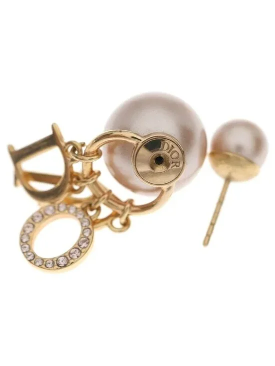 Dior Logo Rhinestone Faux Pearl Tribal Earrings Pink Gold - Picture 5 of 6